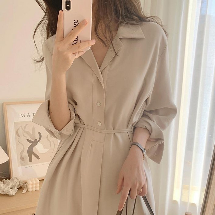 팬더유 허리스트링 벨티드 롱 셔츠 원피스