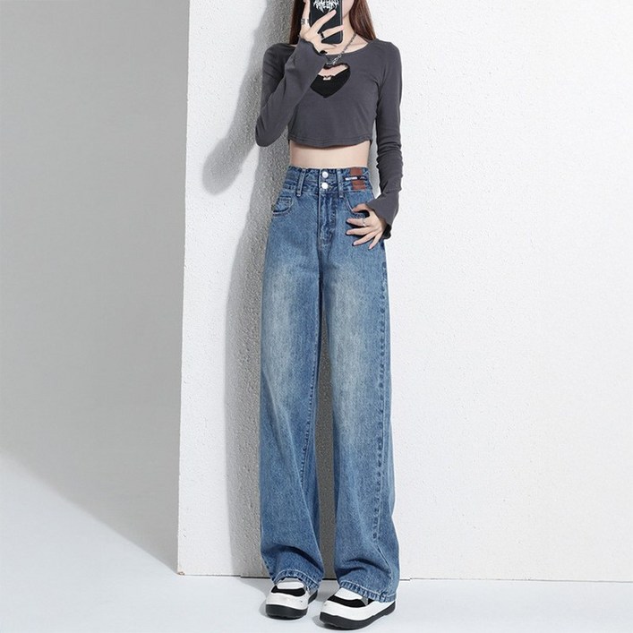 여성 패션 스트레이트 슬림핏 와이드 데님 팬츠