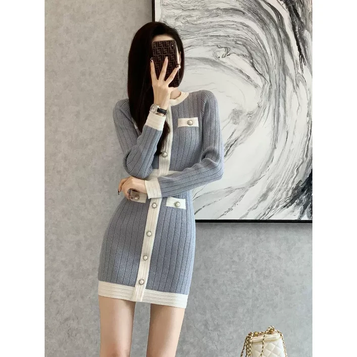 POMTOR 여성 슬림핏 배색 긴팔 니트 하객 원피스