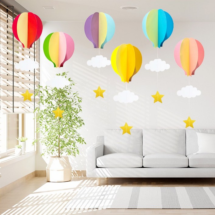 그리다 구름 열기구 모빌 장식 세트 6p 어린이집 가을 모빌 종이모빌 천장모빌