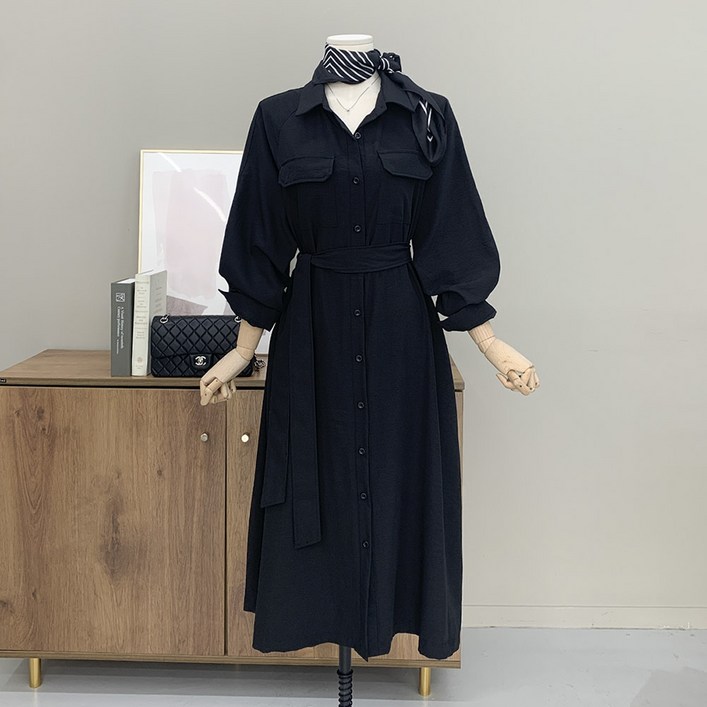 행복여 루시 모던 절개 플랩 셔츠 카라 플레어 원피스