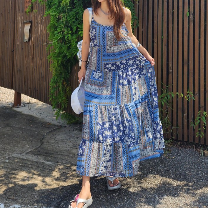<청담코코> 페이즐리 쉬폰롱원피스 휴양지원피스 나시롱원피스
