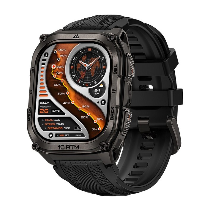 KOSPET 스테인리스 스틸 10ATM IP69K 방수, 군용 인증 듀얼 주파수 GPS, 오프라인 지도, 500mAh 6 개의 위성 위치 결정 시스템 TANK M4 스마트워치, GPS  블루투스, 4.98cm, black