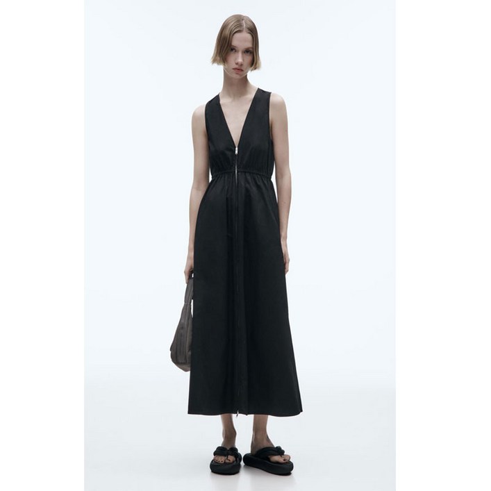 자라 원피스 ZARA 여성 포플린 브이넥 미디 지퍼