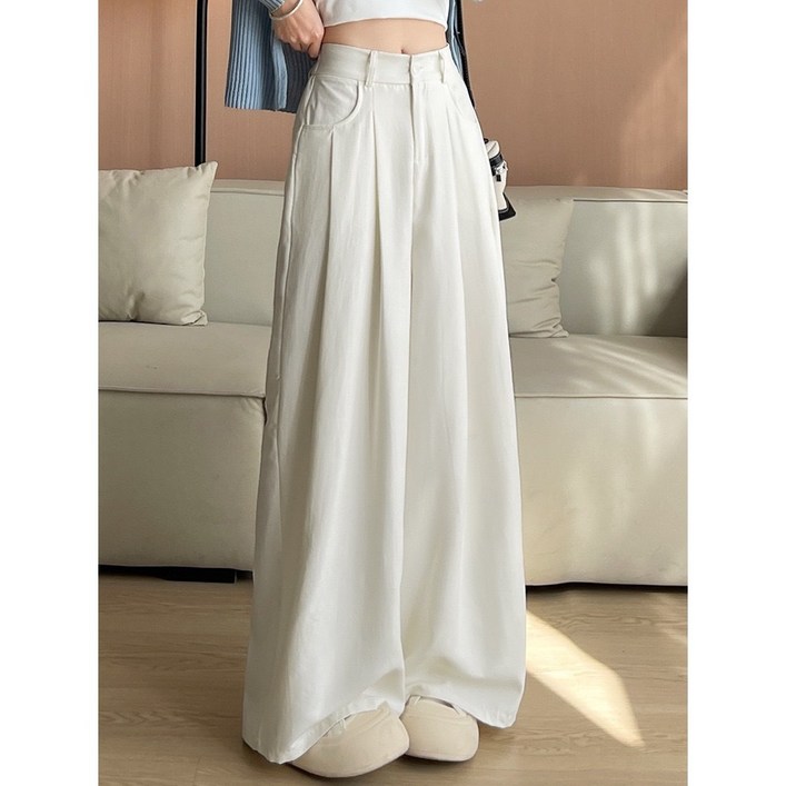 포포픽 슬림핏 하이웨이스트 코디네이션 아이스 실크 드레이핏 캐주얼 와이드 핏 린넨 슬랙스 팬츠