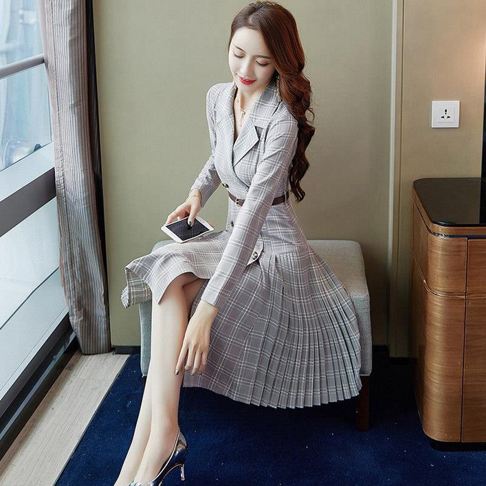 여자 체크 정장 원피스 벨트 롱원피스 플리츠 롱 정장 코트 아우터 데일리