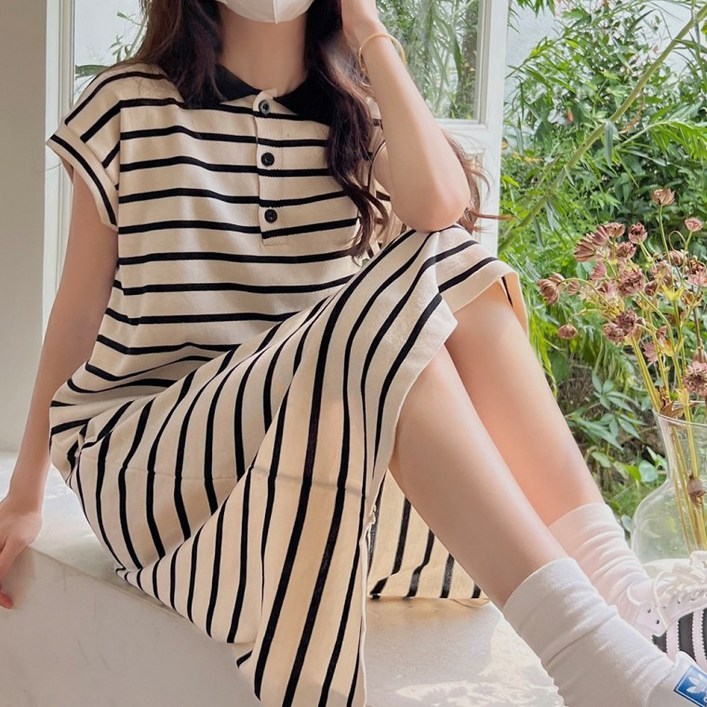 여성 캐주얼 카라 단추 스트라이프 데일리 롱 원피스 여성 캐주얼 카라 단추 스트라이프 데일리 롱 원피스