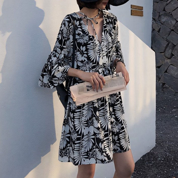 예쁨시전 만삭가능 바캉스룩 플로럴 프린팅 쉬폰 반팔 하프 원피스