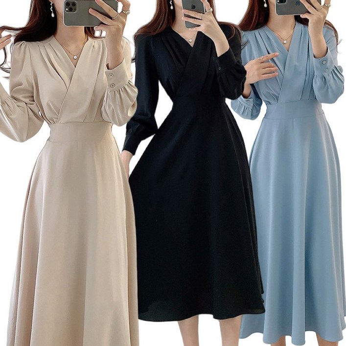 (완전 추천) 여성 브이넥 랩 플리츠 허리꼬임 퍼프 원피스 여름 편한 프렌치 모던 단아한 우아한 디자인 매력 심플 날씬해보이는 이쁜 롱 a라인 스커트 정장 하객룩 결혼식 원피스