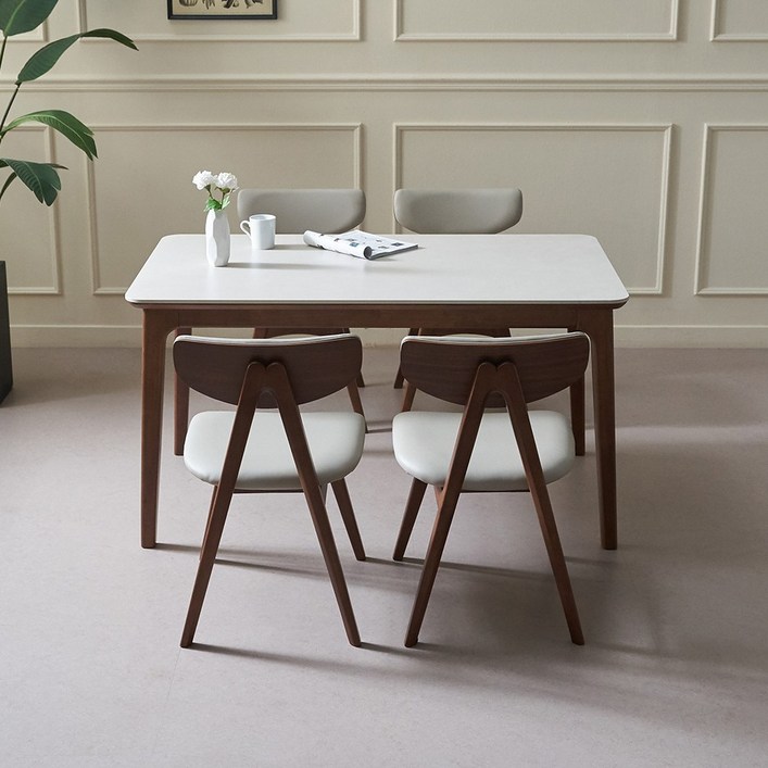 [에보니아] 라스 세라믹 원목 4인용 식탁세트, 일반의자 4, 테이블1+의자(베이지)4