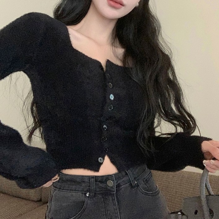 대박난박양 스퀘어넥 슬림핏 크롭 가디건