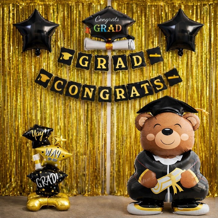 올리브파티 졸업 파티용품 학사모 스탠딩풍선 가랜드  파티풍선커튼 월데코 세트