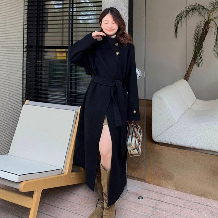 ANYOU롱코트 여자 울더블코트 카라넥 봄용코트 캐주얼 스타일하이넥 코트