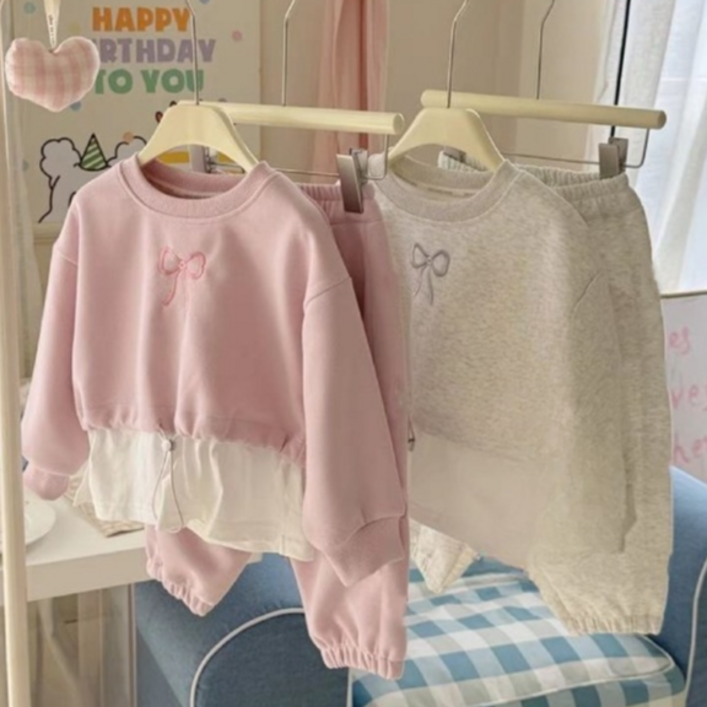 블링래빗 봄가을 여아 리본 맨투맨  팬츠 끈조절 상하복 2종세트 100140 트레이닝 상하세트 투피스 촬영복 새학기 일상복