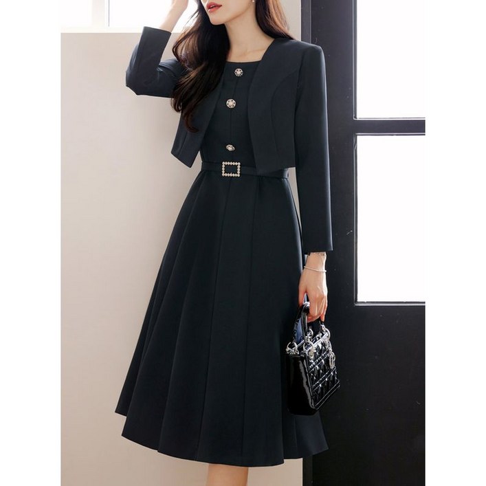 시크라인(~XXL까지) 코레타 자켓 레이어드 큐빅벨트 원피스 가을 하객룩 오피스룩 모임룩 격식룩 빅사이즈