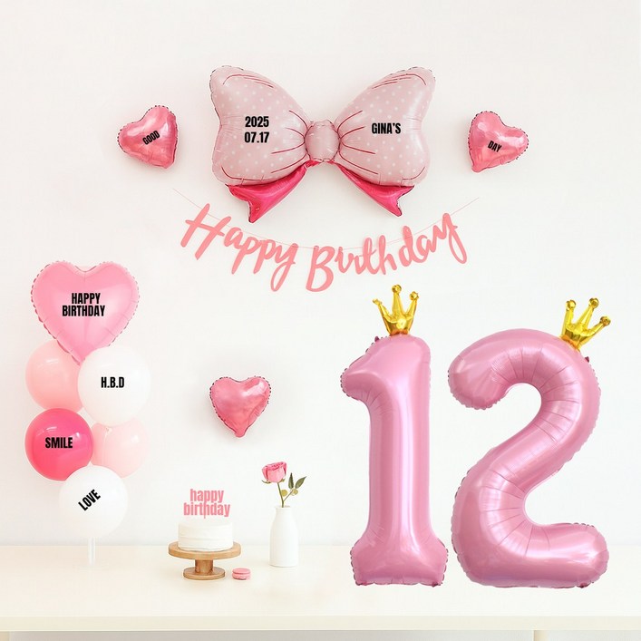 해피제이니 핑크앤블루 대형리본 숫자풍선 생일파티 가랜드 풍선 파티세트프리레터링시트지 포함, 1세트, 핑크리본 12번