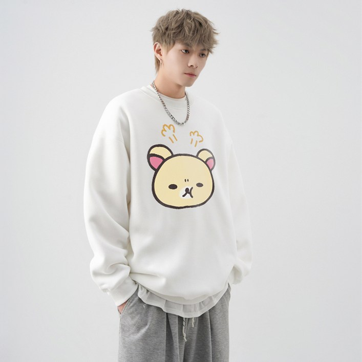 FONOW 남녀공용 오버핏 심플 삐친 곰 프린팅 맨투맨 긴팔 티셔츠