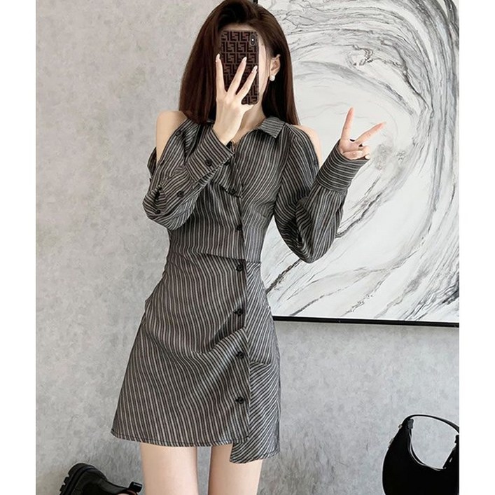 JUSTFEELING 어깨트임 셔츠원피스 긴팔 불규칙 봄가을 미니원피스 패션 언발 스프라이트 원피스