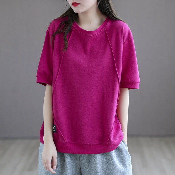 여성용 반팔 티셔츠 봄 여름 캐주얼 솔리드 반팔 맨투맨 루즈핏 빅사이즈 반팔 상의 심플 데일리 반팔티