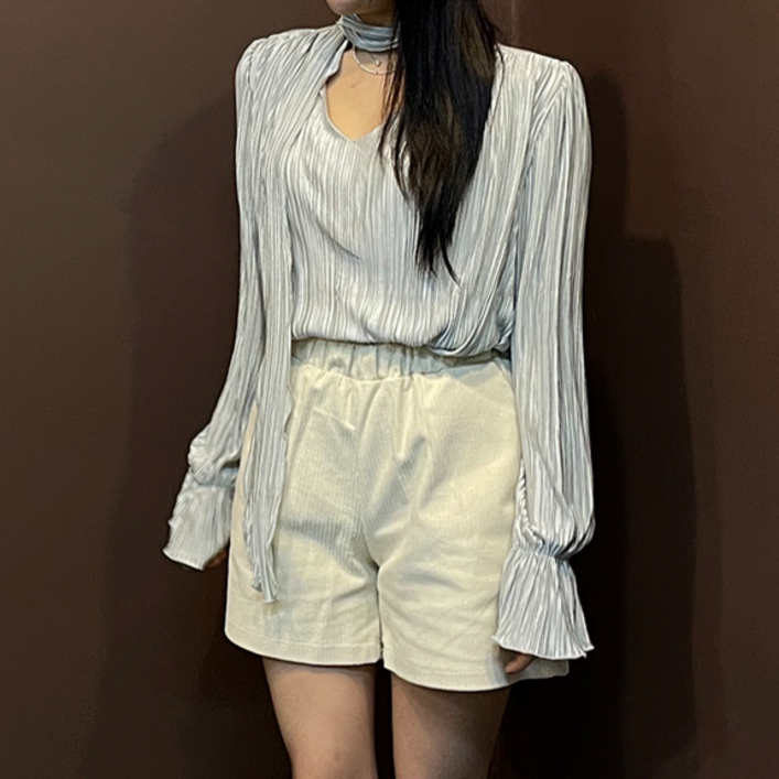드리뮤즈 여성 신상 사계절용 오피스 모임룩 하늘하늘 러블리 찰랑 여리핏 데일리 꾸안꾸 브이넥 주름 프릴 소매 롱 스카프 타이 퍼프 숄더 긴팔 블라우스
