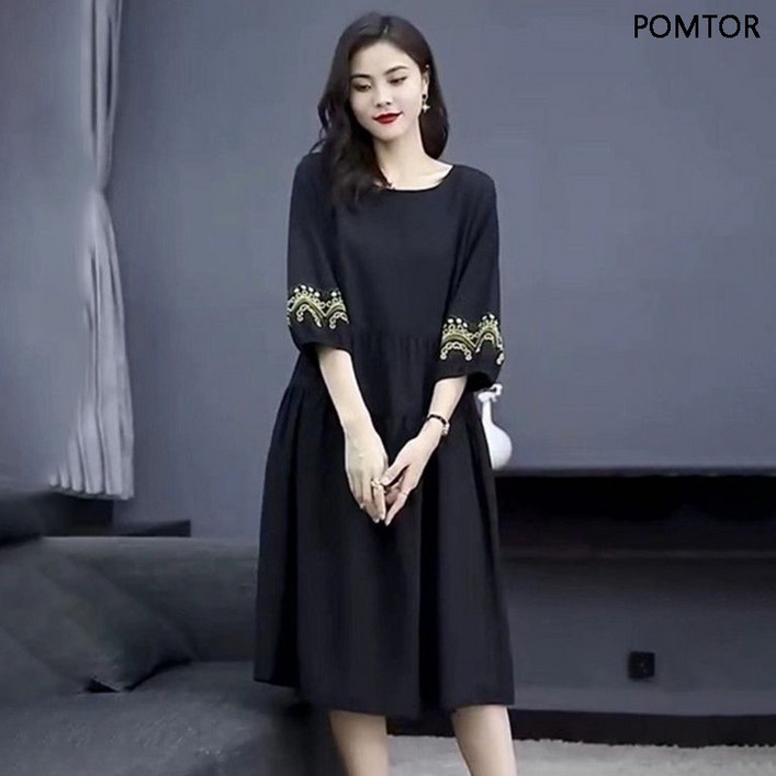 중년엄마 빅사이즈라운드넥 자수 여름 원피스  여성 빈티지 루즈핏 캐주얼  롱원피스