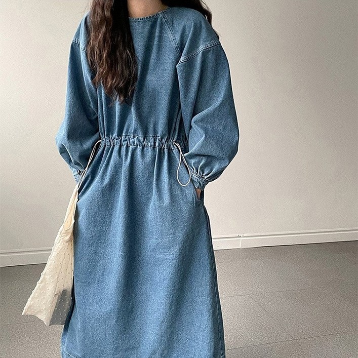 데님 청 롱 루즈핏 허리스트링 라운드 퍼프소매 캐주얼 프리사이즈 드레스 원피스