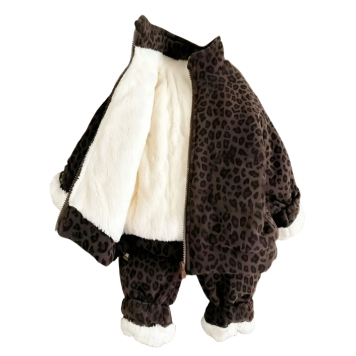 유 아동 주니어 겨울 두툼한 호피 상하 세트