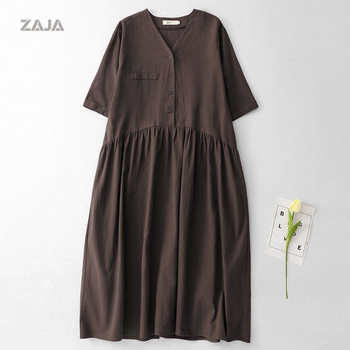 ZAJA 여성 여름 린넨 루즈핏 원피스 심플 브라운 바캉스 원피스
