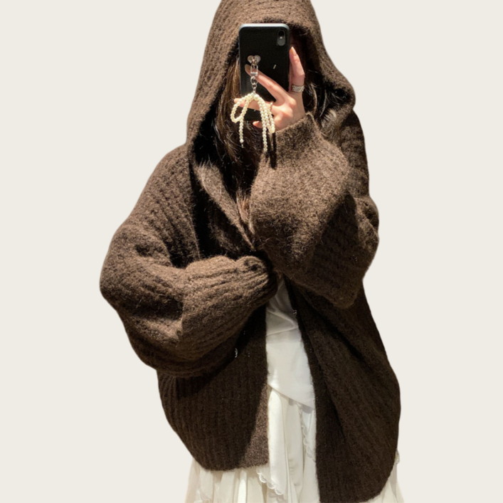 Makone 여성 가을 겨울 플리스 루즈핏 미디 후드 니트 가디건