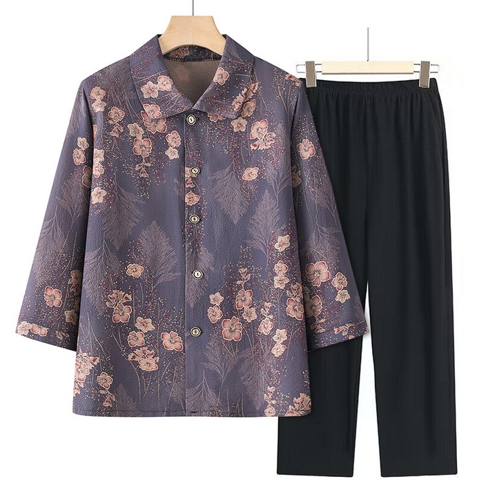 여성 중장년 고급 넥카라 7부 셔츠  블랙 밴딩 바지 세트