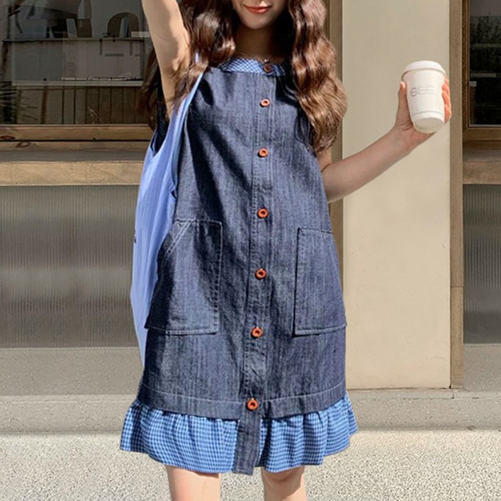 대박난박양 체크 프릴 데님 원피스