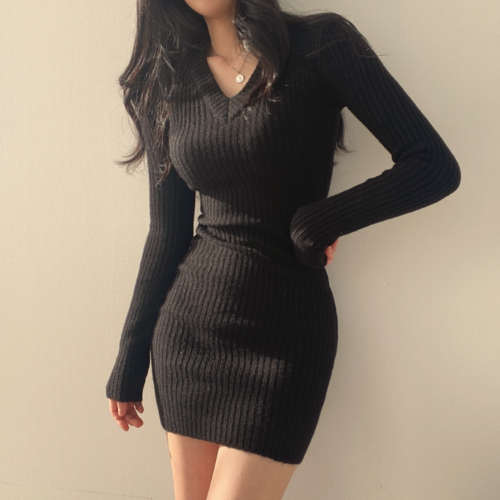치유쿠 여성 v넥 슬림핏 미니 니트 원피스