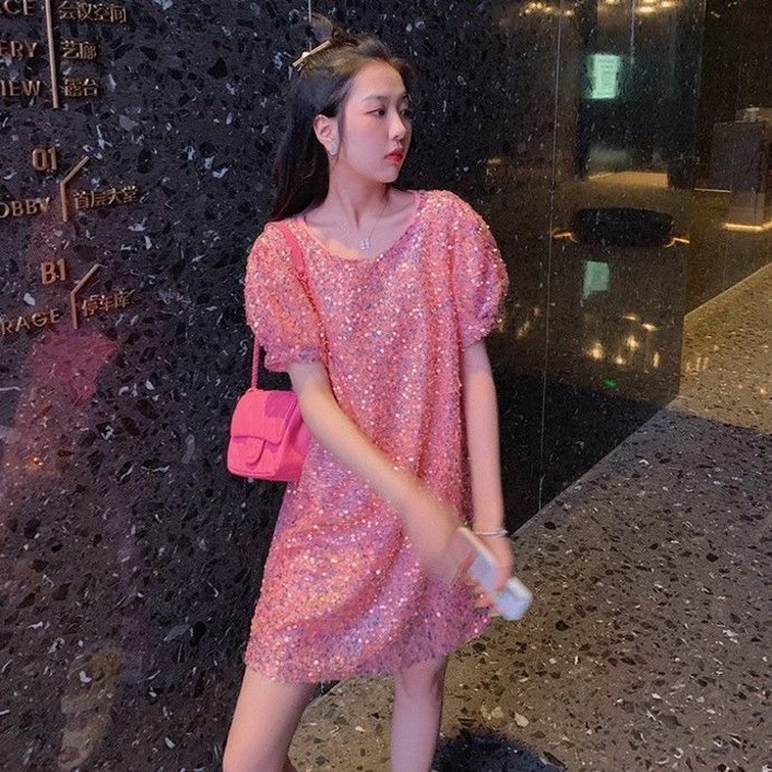 바이스타 여자 여름 퍼프 소매 반팔  전신 스팽글  반짝반짝원피스 LS070914