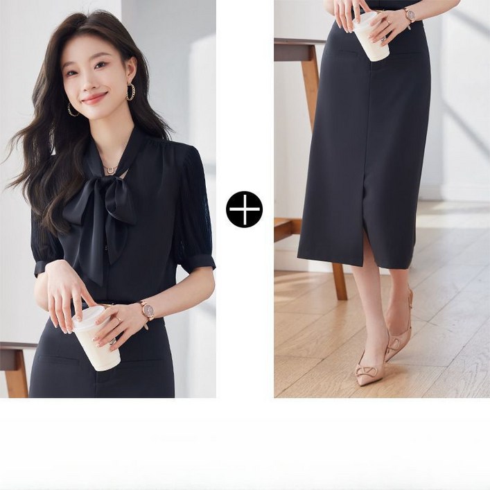 여성 미니멀한 디자인 반팔 쉬폰 상의 여름 직업 셔츠 얇은