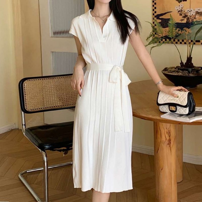 더벨러리 여성 여름 카라 나시 니트 원피스 BCO1796 하객룩 휴양지 허리벨트