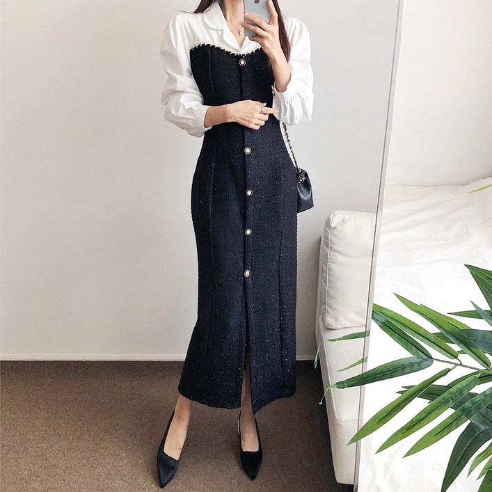 요시아나 당일발송 아즈엘라 클래식 셔츠매치  뷔스티에 블랙 트위드 롱원피스