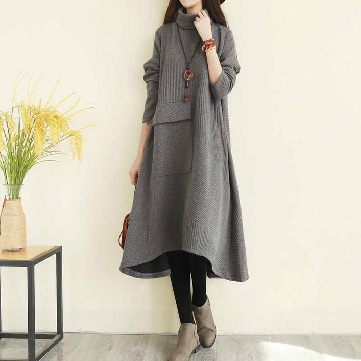 AOKADA 여성 봄 가을 플리츠 하이넥 오버핏 A라인 포켓 긴팔 원피스