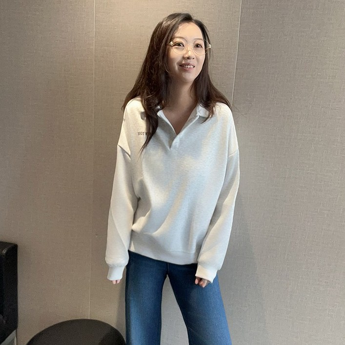 더블유앤케이 여성 봄 루즈핏 카라넥 프린팅 캐주얼 얇은 맨투맨 빅사이즈 긴팔 티셔츠