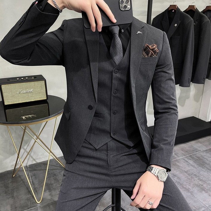 Enyofe 남성용 투버튼 캐주얼 쓰리피스 정장세트 수트세트 재킷조끼바지 봄여름 면접 결혼식 하객 세트 3Color