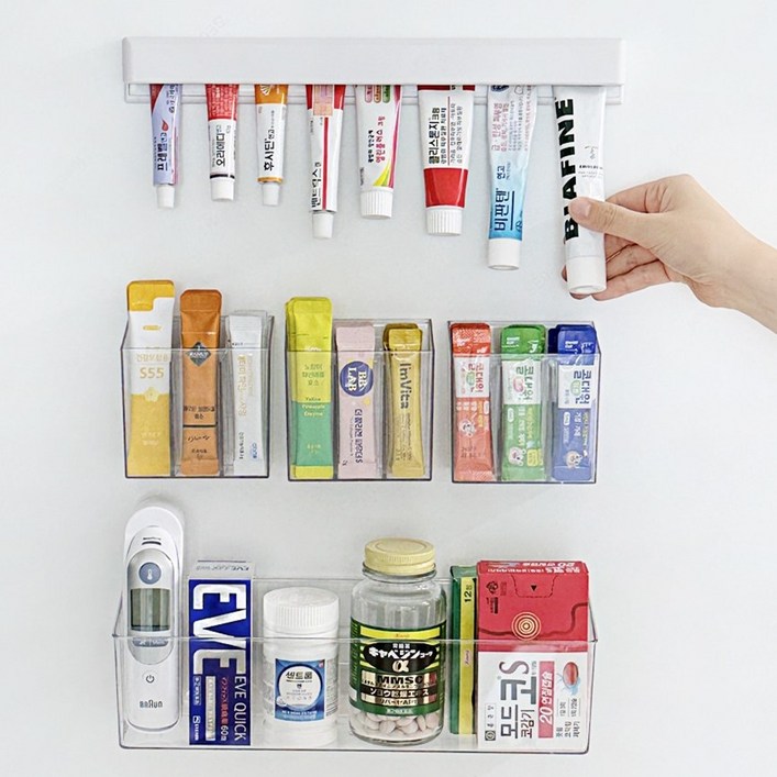 [3종세트] 공간절약 벽걸이 접착식 칸막이 연고 영양제 약 정리함 [3 Set] 칸막이형(S) 3개+일반형(L) 1개 +롱 튜브형 1개