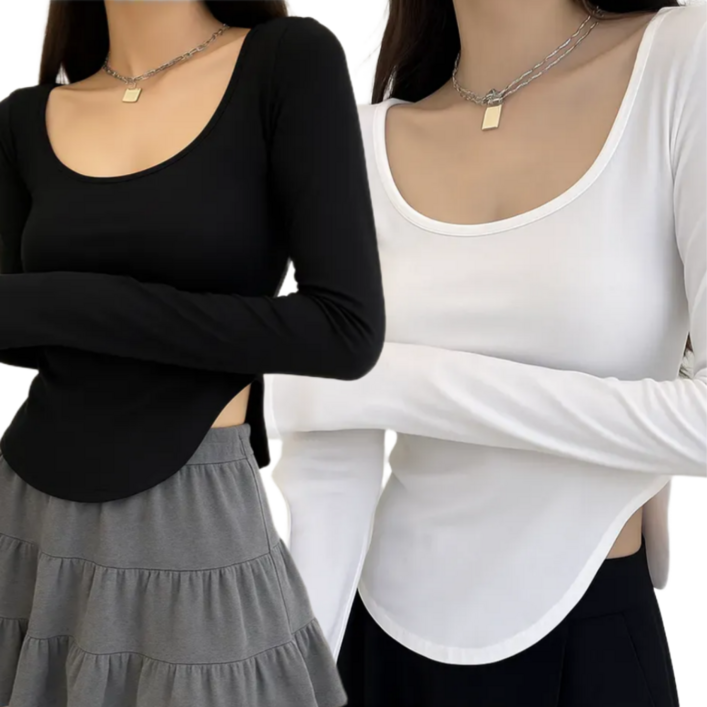 쁘띠엘라 글램핏 크롭 티셔츠 옆트임 스판 긴팔티 1+1