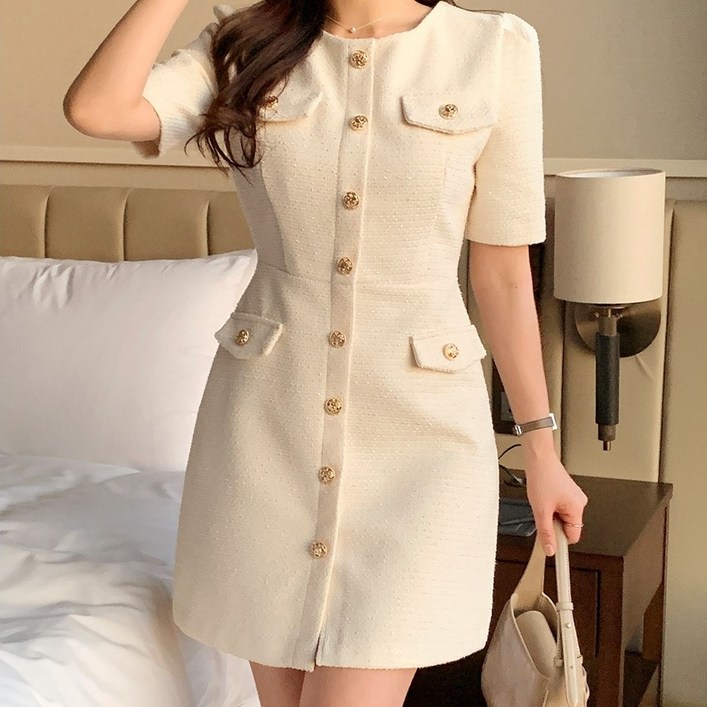 예쁨시전 여름 트위드 테일러드 반팔 미니 원피스