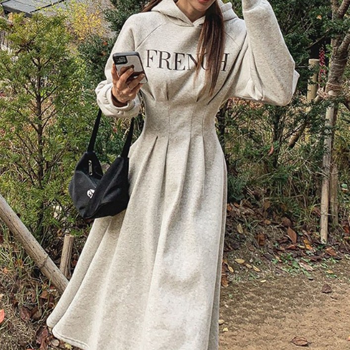 떳다그녀 콤비 다트 후드 롱 원피스