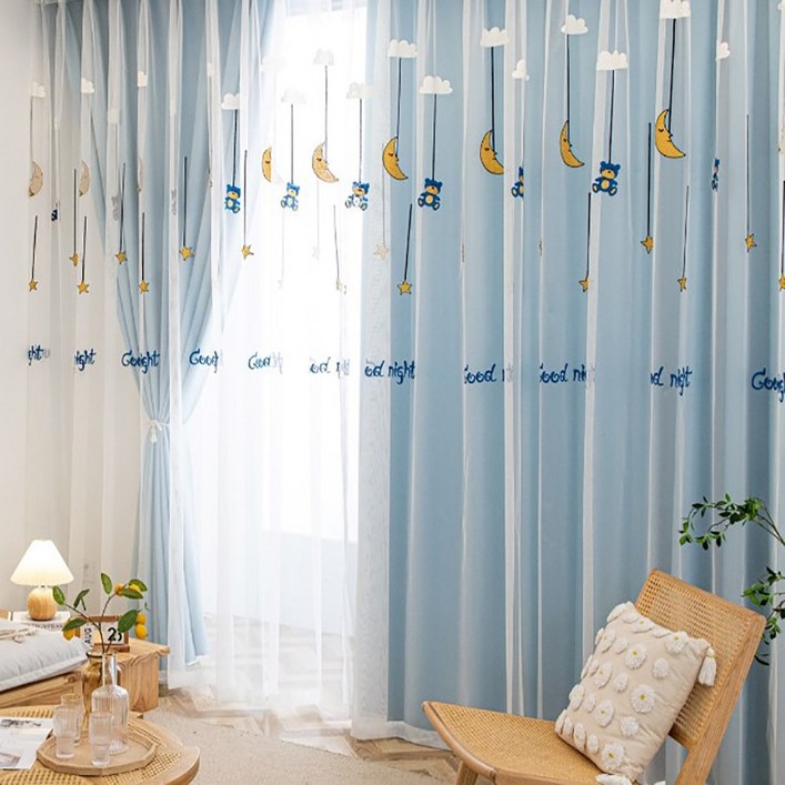 HAROO 아일렛형 거실 이중레이스 자수 안방 아이방 커튼 2P