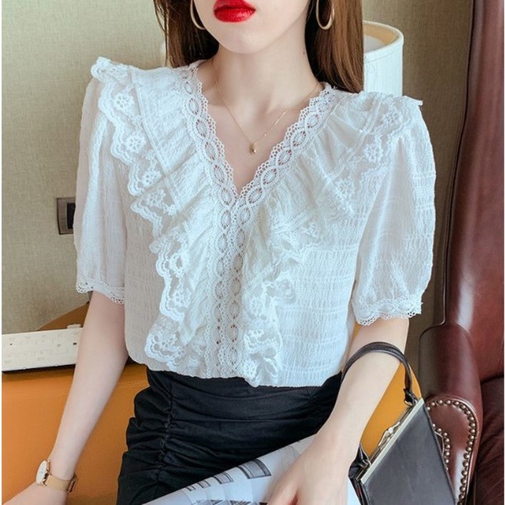 유숀 브이넥블라우스 반팔블라우스 코므르블라우스