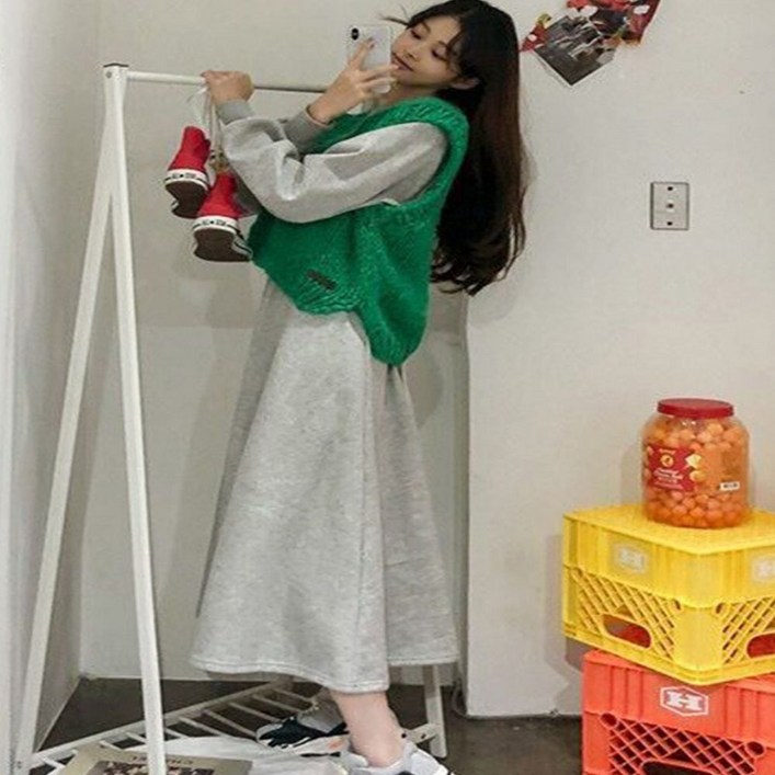 맨투맨 허리 밴딩 롱 원피스 라운드넥 긴팔 체형커버 26V45Q258X