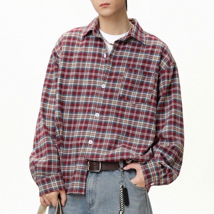 POMTOR 남성 봄 가을 긴팔 캐주얼 루즈핏 빈티지 체크셔츠