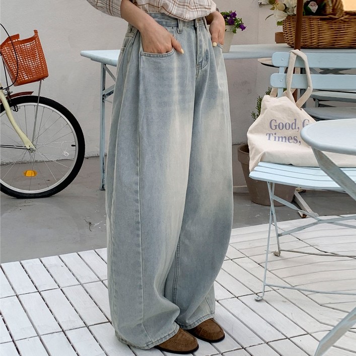 앤샵 롱,숏 기장선택빅사이즈2XL 여성용 트베리 워싱빈티지 벌룬 사이드절개 와이드 데님 청바지4color