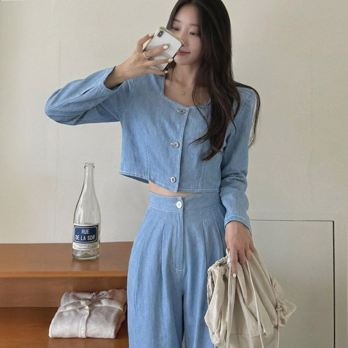 떳다그녀 프레나 데님 셔츠 팬츠 세트 반팔, 긴팔