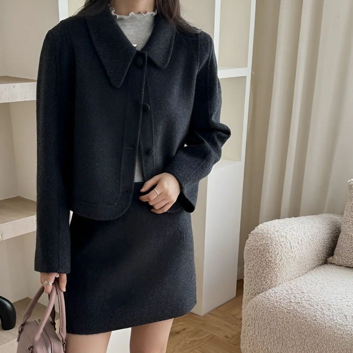 유위시 고급 울 자켓 셋업 A라인 스커트 하객룩 세트